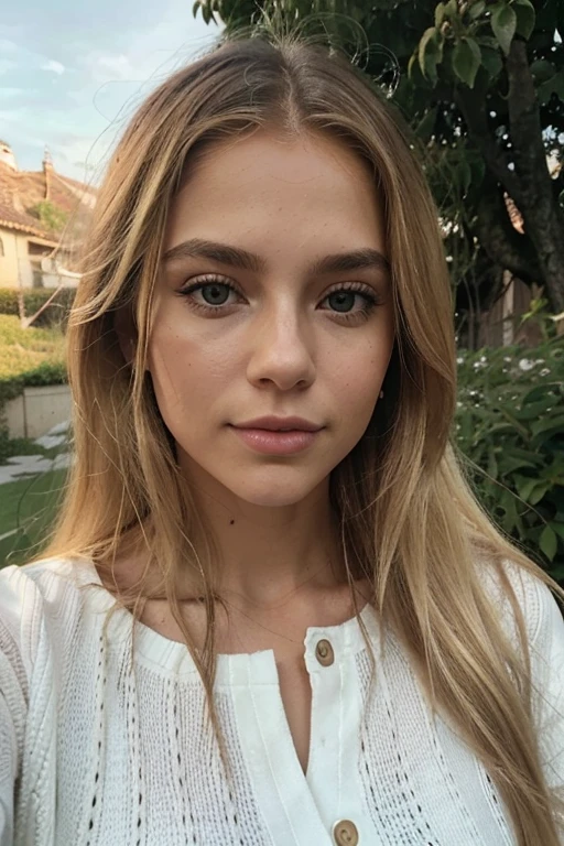 A 23-year-old blonde woman, ((pechos grandes)), ((hiperrealismo)) ,. blonde hair with light brown roots. cabello rubio, Hair with brown roots, cabello extra largo, cabello muy largo, Cabello muy largo, hermoso, vista frontal, autofoto, Foto tomada con iPhone, elegante camisa negra con escote, escotada, autofoto in the garden, alta calidad, autofoto iPhone, escote, ojos verdes, labios carnosos, con chaqueta de invierno con capucha.