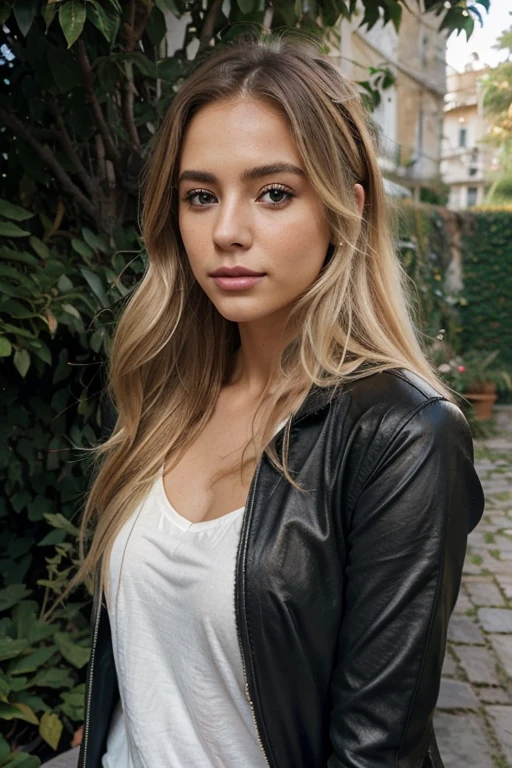 A 23-year-old blonde woman, ((pechos grandes)), ((hiperrealismo)) ,. blonde hair with light brown roots. cabello rubio, Hair with brown roots, cabello extra largo, cabello muy largo, Cabello muy largo, hermoso, vista frontal, autofoto, Foto tomada con iPhone, elegante camisa negra con escote, escotada, autofoto in the garden, alta calidad, autofoto iPhone, escote, ojos verdes, labios carnosos, con chaqueta de invierno con capucha.