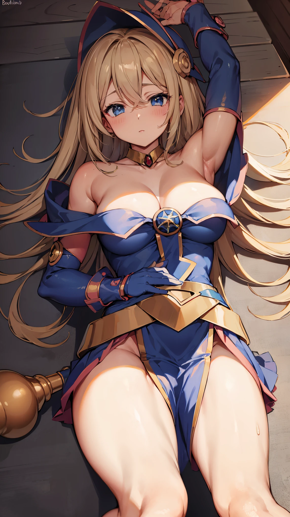 Black Magician Girl、super breasts、thick thighs、blonde hair、magic circle、magic wand、Black Magician Girlのブーツを履く