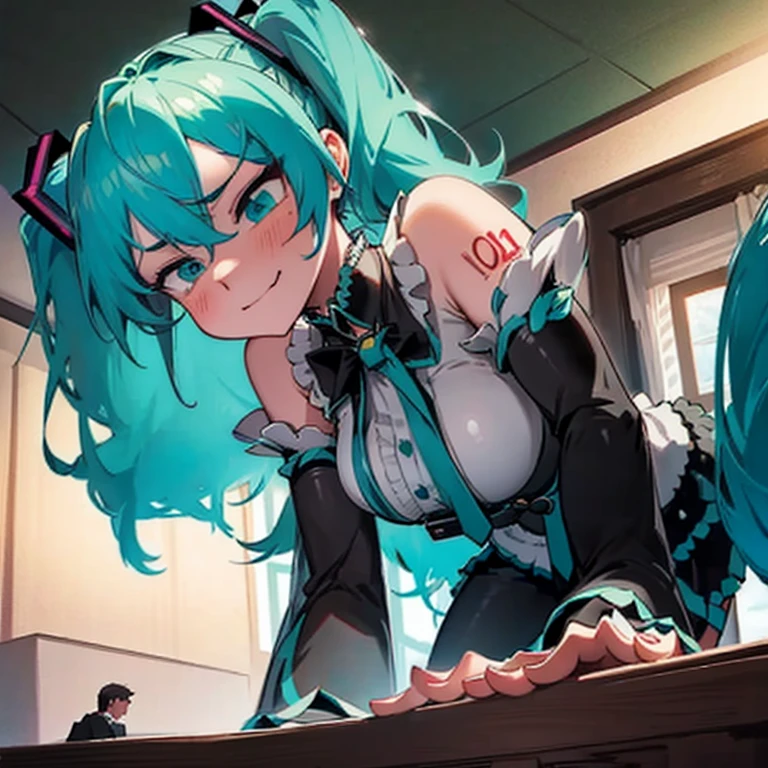 Masterpiece, Hatsune Miku, giantess, looming over tiny guy, indoors, glaring, smirk, intimidating, dominant, femdom, looking down on tiny guy, about to sit on tiny guy, perspective of the tiny guy