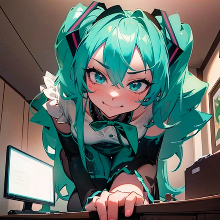 Masterpiece, Hatsune Miku, giantess, looming over tiny guy, indoors, glaring, smirk, intimidating, dominant, femdom, looking down on tiny guy, about to sit on tiny guy, perspective of the tiny guy