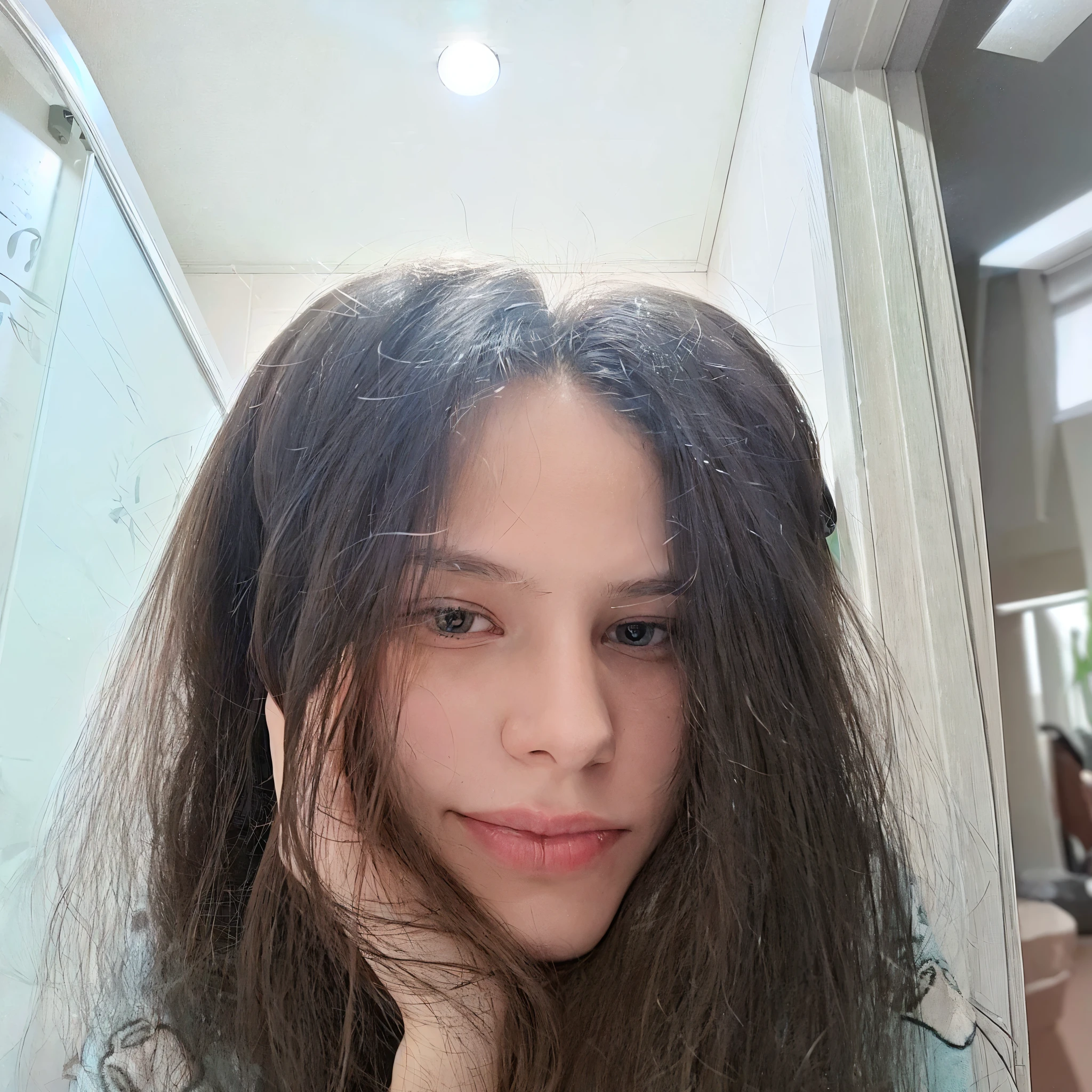 there is a woman with long hair taking a selfie in the mirror, with long hair, 16 years, 18 years, young with long hair, about 19 years old, No makeup, Catherine, 19 year old girl, Naked Beauty