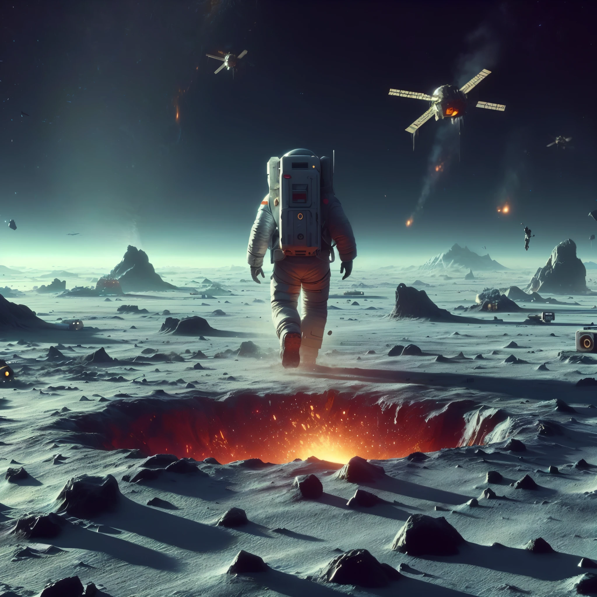 astronaut walking on a barren surface with a hole in the middle, beeple and tim hildebrandt, beeple and mike winkelmann, beeple artwork, inspired by Mike Winkelmann, beeple. hyperrealism, beeple and greg rutkowski, beeple daily art, realism | beeple, on the surface of an asteroid