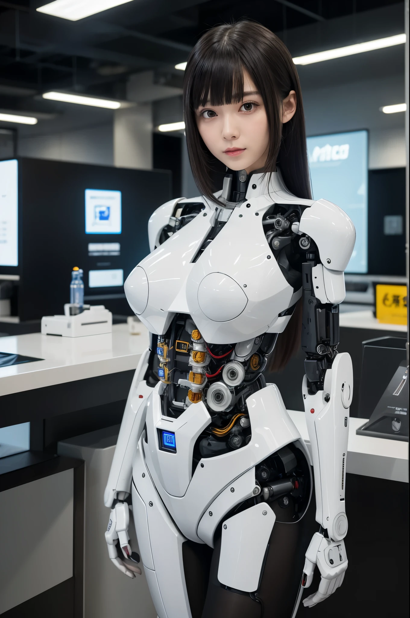 masterpiece, best quality, extremely detailed, (8K, 4K, Best Quality, hight resolution, 超A high resolution:1.1), (masutepiece, Realistic, Photorealsitic:1.1), Japaese Cyborg girl,Plump , control panels,android,Droid,Mechanical Hand, Robot arms and legs, Black Robot Parts,Black hair,Mechanical body,Blunt bangs,White robotics parts,perfect robot girl,future information counter,reception,long tube,thick cable connected her neck,ceramic body ,mechanical body, mechanical costume,android,robot,humanoid,cyborg,information office,japanese android receptionist ,mechanical chest,control panels,android,Droid,Mechanical Hand, Robot arms and legs, Black hair,Mechanical body,Blunt bangs,perfect mechanical abdomen,White robotics parts,perfect robot woman,She is powered by electricity,white robot body,perfect mechanical body,black sponge joints,The removable cover is on the groin,The connection port is on the groin,access panel on the chest,miniskirt,pleated skirt,dress shirts,dark black tights,perfect machine body,She has repaired now,perfect robot girl,robot receptionist,robot concierge,She is in information counter,