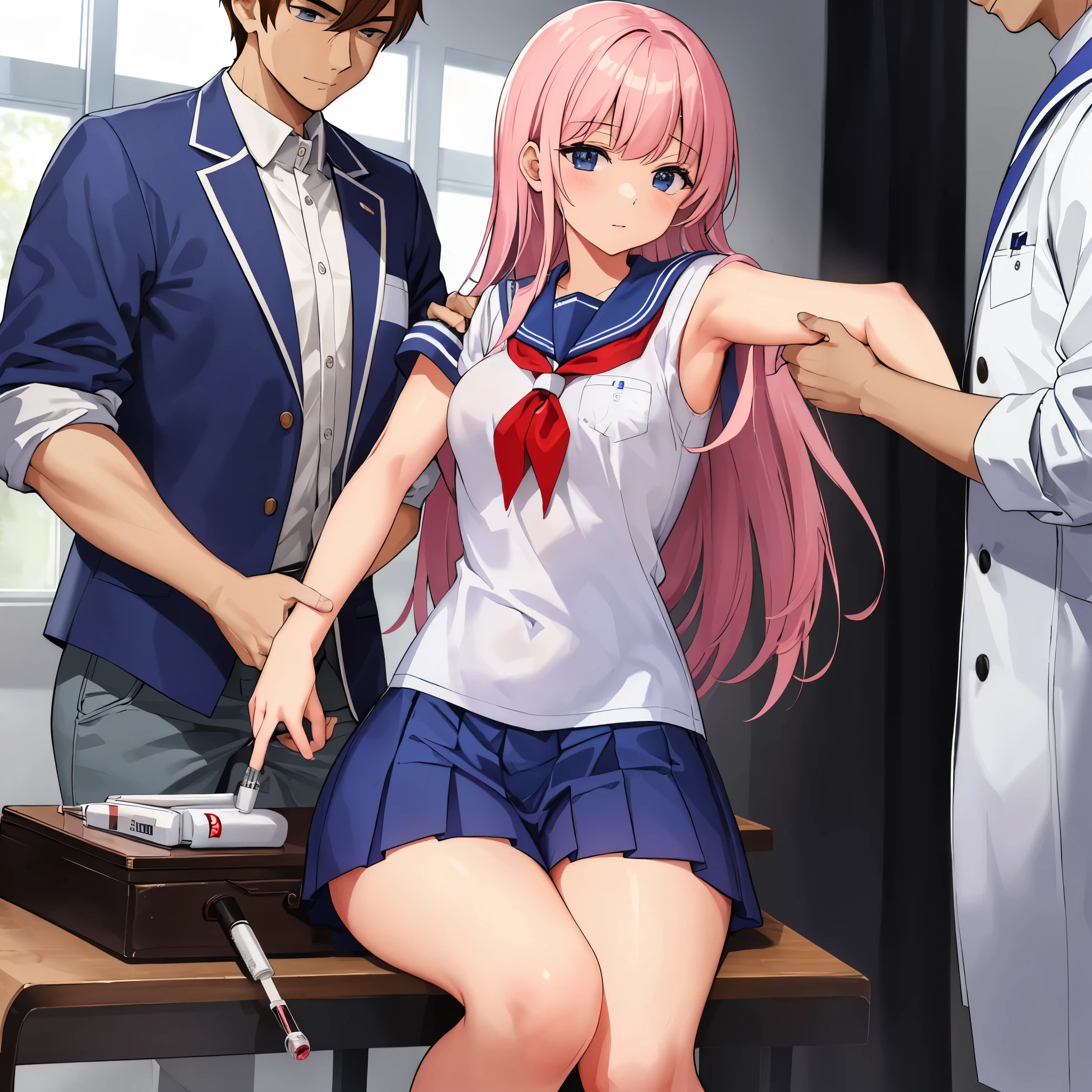 High school girl in a sailor suit receiving vaccination、a man grabs your arm、Take the syringe and stick it into your upper arm.。.