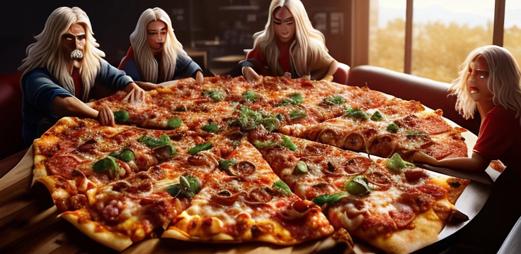 Um meio corpo, Portrait of 3 girls German children long platinum blonde hair , PORTRAIT,, Pizza with tomatoes and basil on a plate on a table, pizza a cabana, pizza italiana, pizza torta, pizza!, pizza em uma mesa, comercial de alimentos 4 k, pizza, pizza em primeiro plano, comer uma pizza margherita, cozinhar pizza, comer uma pizza, a pizza tem uma grande.