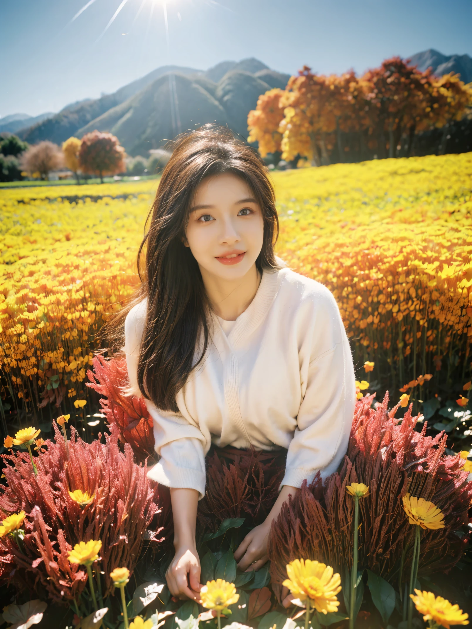 Beautiful girl sitting in autumn flower field, Infrared photography, graphic design, poster, art, Bright colors，dream，sweet smile