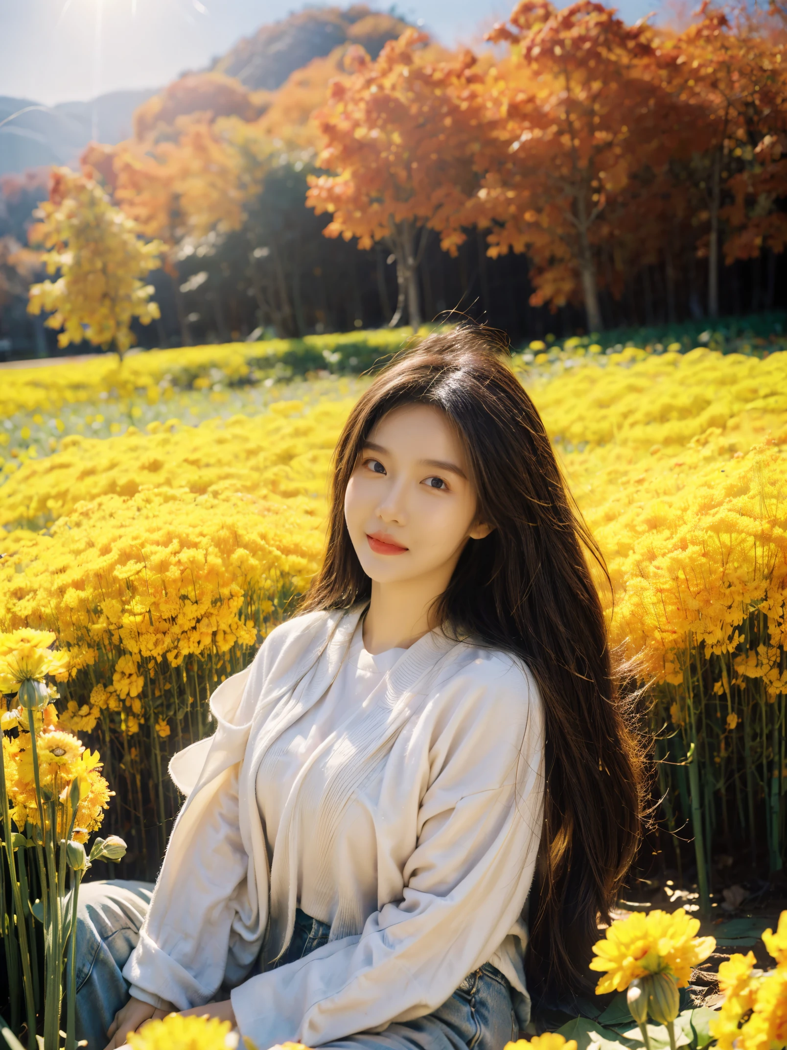 Beautiful girl sitting in autumn flower field, Infrared photography, graphic design, poster, art, Bright colors，dream，sweet smile