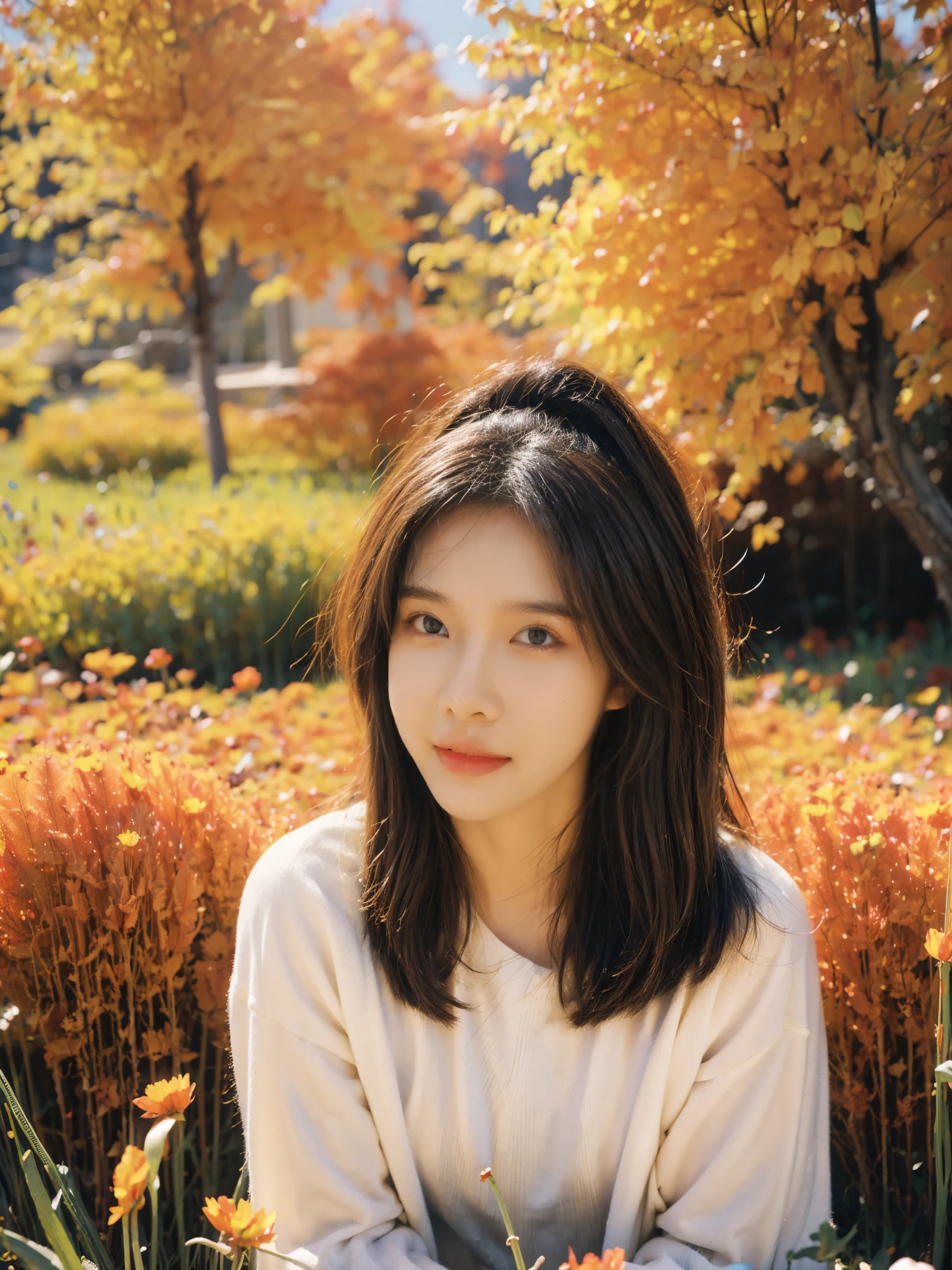 Beautiful girl sitting in autumn flower field, Infrared photography, graphic design, poster, art, Bright colors,dream,sweet smile