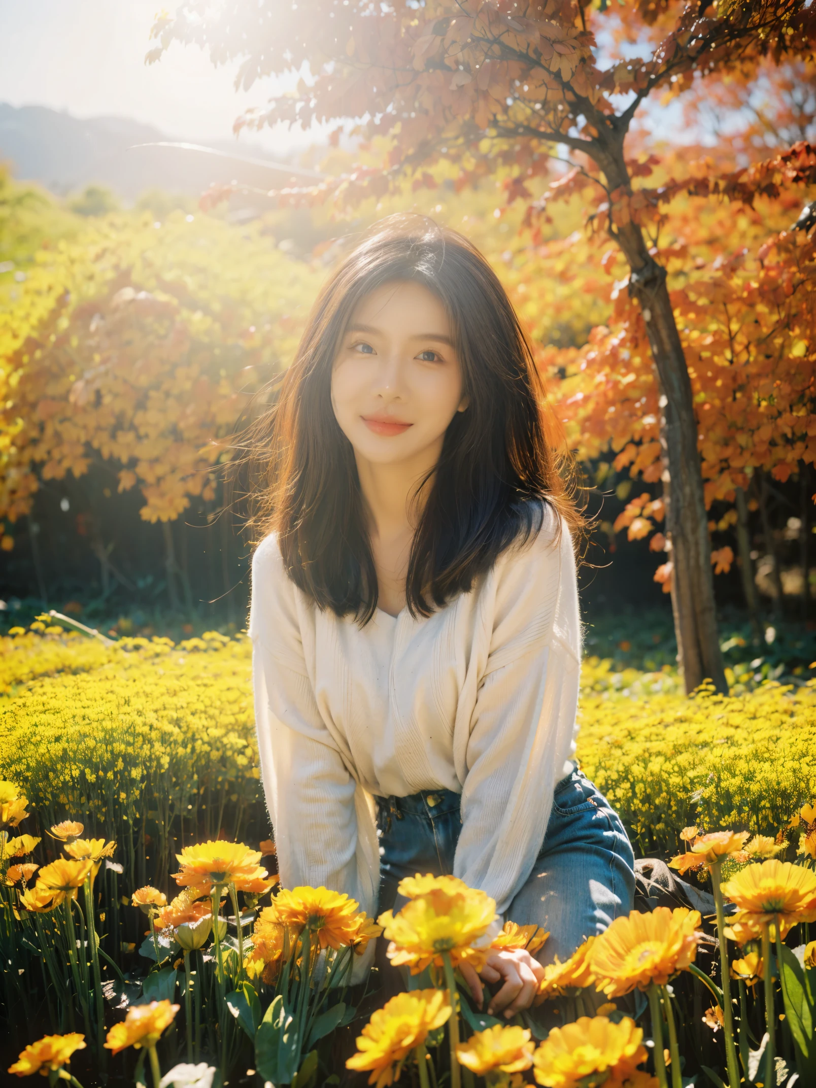 Beautiful girl sitting in autumn flower field, Infrared photography, graphic design, poster, art, Bright colors,dream,sweet smile