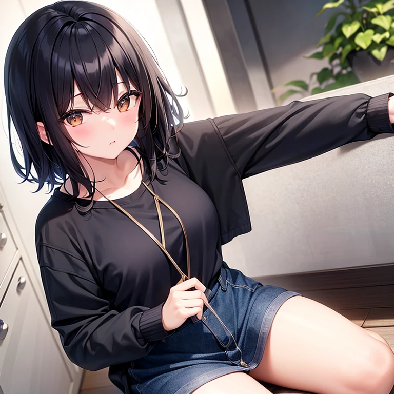 highres,best quality,1girl,japanese face,(tomboy),smile,Camisole with ruffled hem and mini skirt,foodie,jacket,thin thighs,platform shoes
,blunt bangs,short hair,big breasts,pussy,
squatted,wall background,full body,
covering eyes, skirtlift