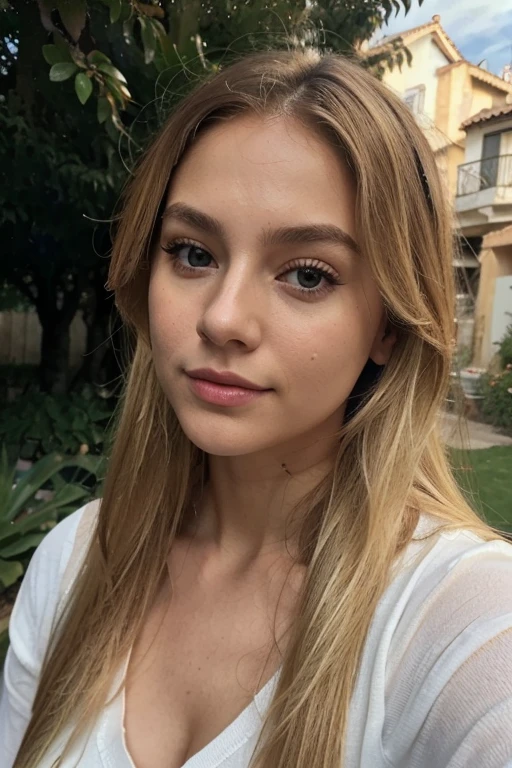 A 23-year-old blonde woman, ((pechos grandes)), ((hiperrealismo)) ,. blonde hair with light brown roots. cabello rubio, Hair with brown roots, cabello extra largo, cabello muy largo, Cabello muy largo, hermoso, vista frontal, autofoto, Foto tomada con iPhone, elegante camisa negra con escote, escotada, autofoto in the garden, alta calidad, autofoto iPhone, escote, ojos verdes, labios carnosos, con abrigo de invierno con capucha.