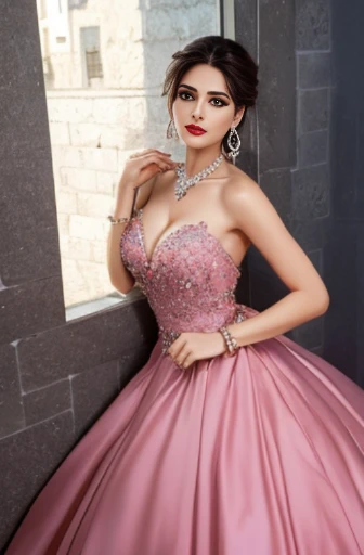 Lebanese woman, diamond dangling earrings, necklace, bracelets, small breasts, 40 years old, smokey eyes, cleavages, red lips, innocent face, pink fashion ball gown, stylish hairstyle, posing, modeling,