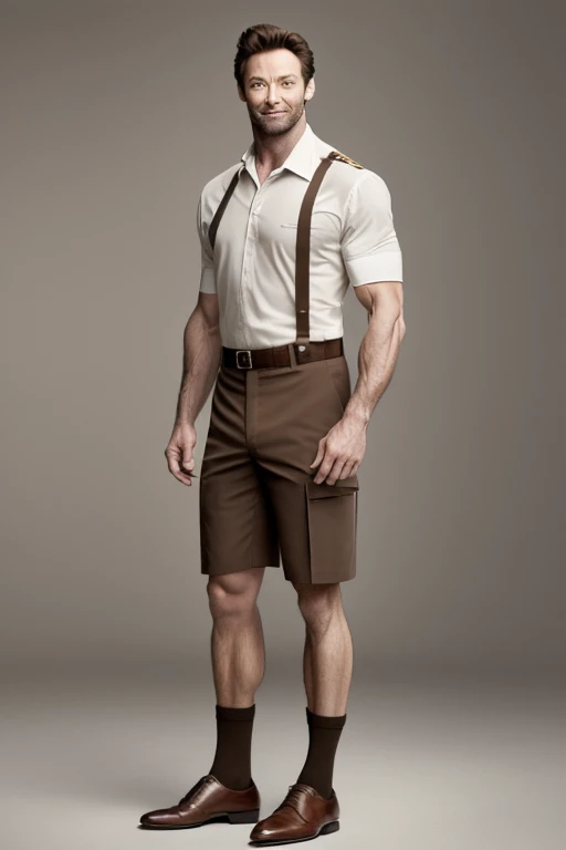 (masterpiece:1.2), absurdres, A photorealistic shot of Hugh Jackman wearing an UPS uniform carrying a package, smiling at the viewer, is wearing tight brown UPS uniform shorts. (highly detailed:1.3)