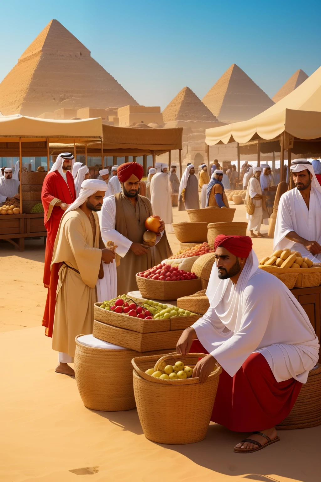 Arab traders of ancient Egypt, clad in flowing robes and turbans, engaged in lively discussions and transactions in the bustling desert market. Scorching sun rays cast long, dramatic shadows over the scene, illuminating the vibrant colors of the fresh fruits displayed on intricately woven baskets. The animation style brings this historical setting to life, capturing the dynamic energy of the traders and the rich textures of the marketplace. Intricate details of the traders' expressive faces, their weathered hands, and the ripe, glistening fruits are rendered with hyper-realistic detail, utilizing HDR techniques for captivating contrast and vivid colors. The cinematic composition, with