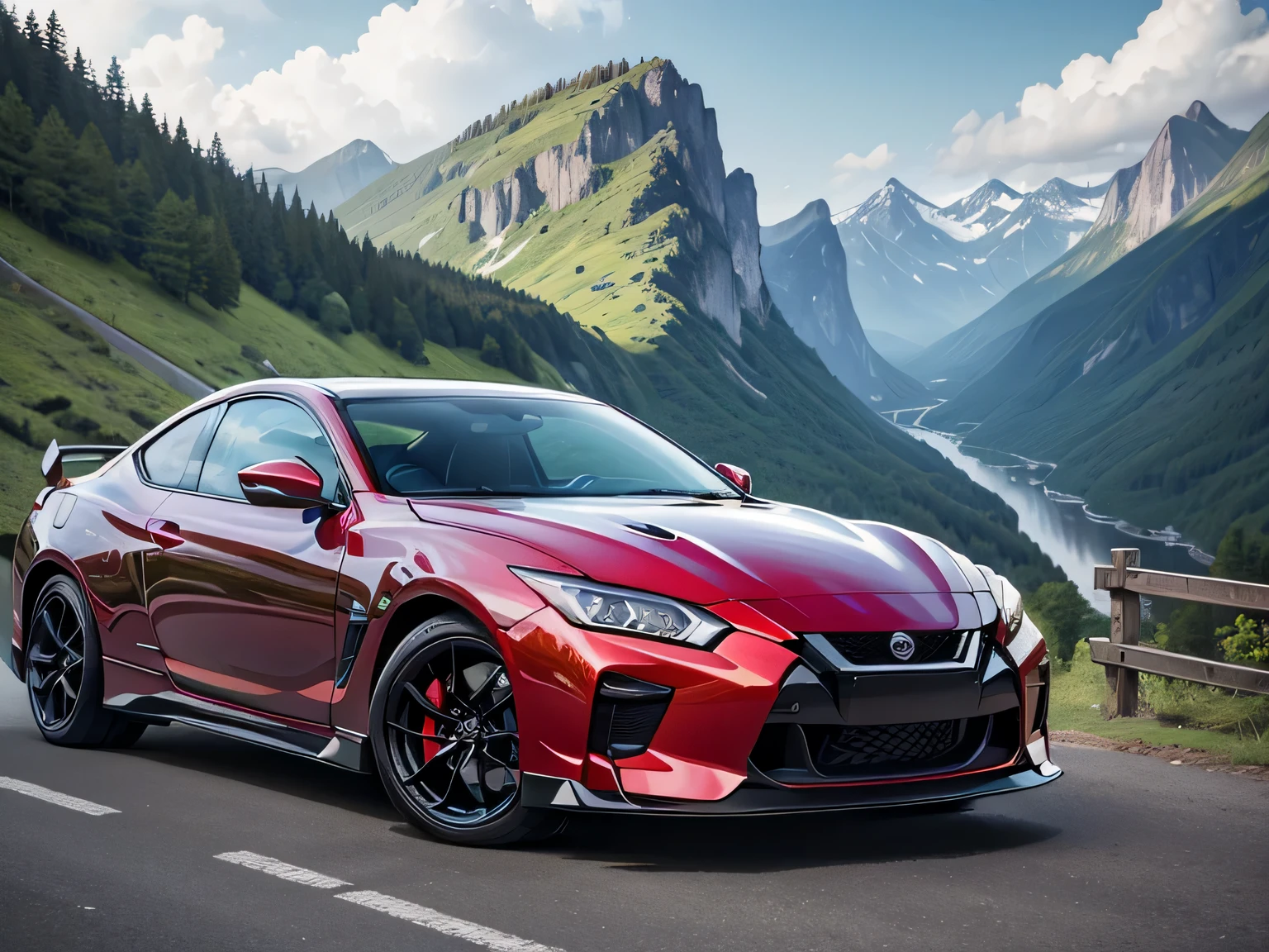 ultra high resolution、super high quality、8K、Detailed details、marvelous expression、summer volleyball、beautiful fresh green、A bright red sports car is parked on a mountain road built along the mountain....、With beautiful women.....、Nissan SR311 Sports Coupe