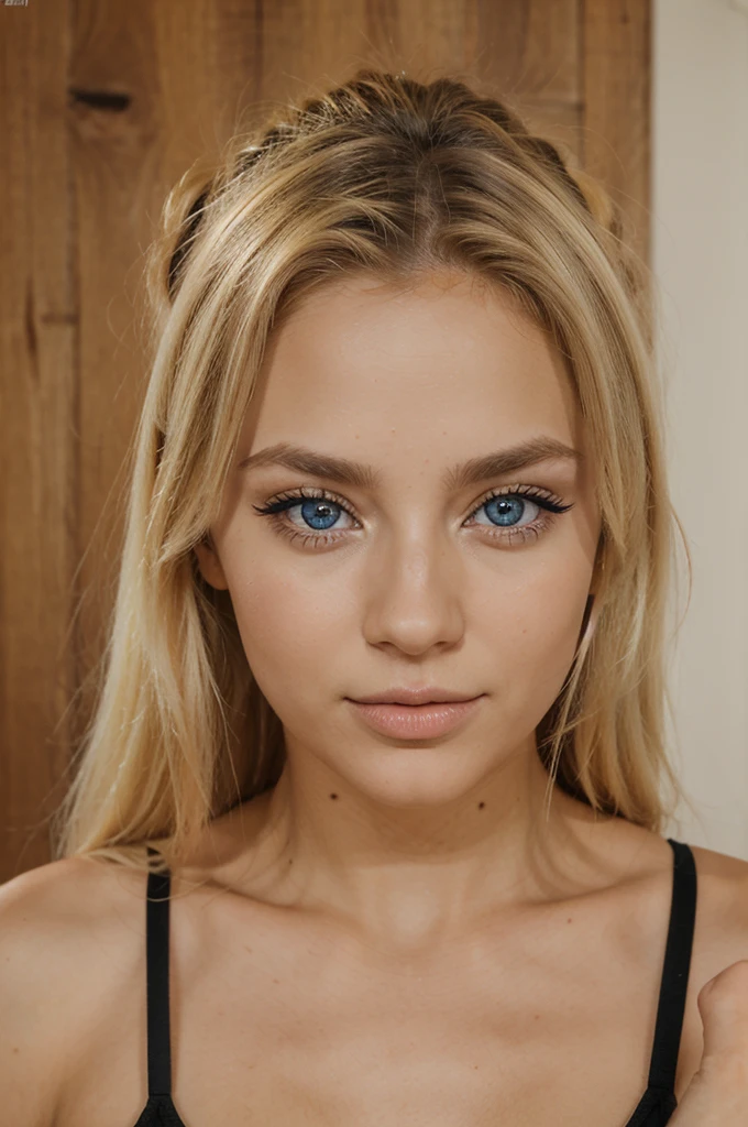 a 25 year old blonde European woman, con ojos azul grisaceos, mirada sexy, poros detallados de la piel, piel grasa, golpe de sol, detalles intrincados de los ojos, todo el cuerpo, pechos grandes, Color brillante, lenceria cuero, pose senxual