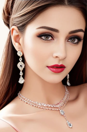 Lebanese woman, diamond dangling earrings, necklace, bracelets, small breasts, 40 years old, smokey eyes, cleavages, red lips, innocent face, pink fashion ball gown, stylish hairstyle, posing, modeling,