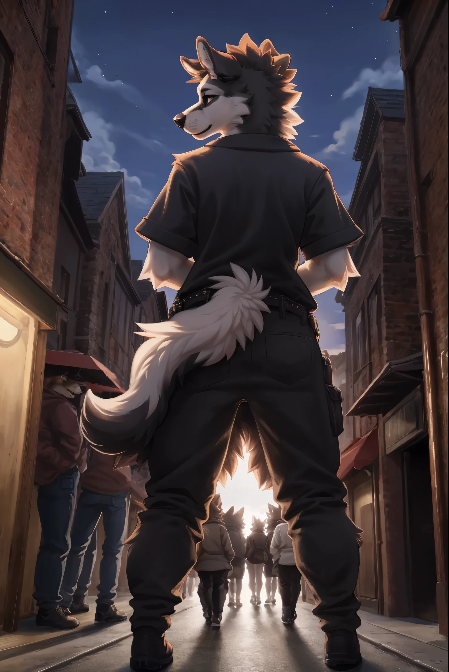 a very long haired, anthro, furry, wolf, wearing a black police safety vest, harness, chain collar, badge on chain collar, patrolling the streets of the city, night, full moon, long slender snout, crouching, hands on the ground, Walking on all fours 
 