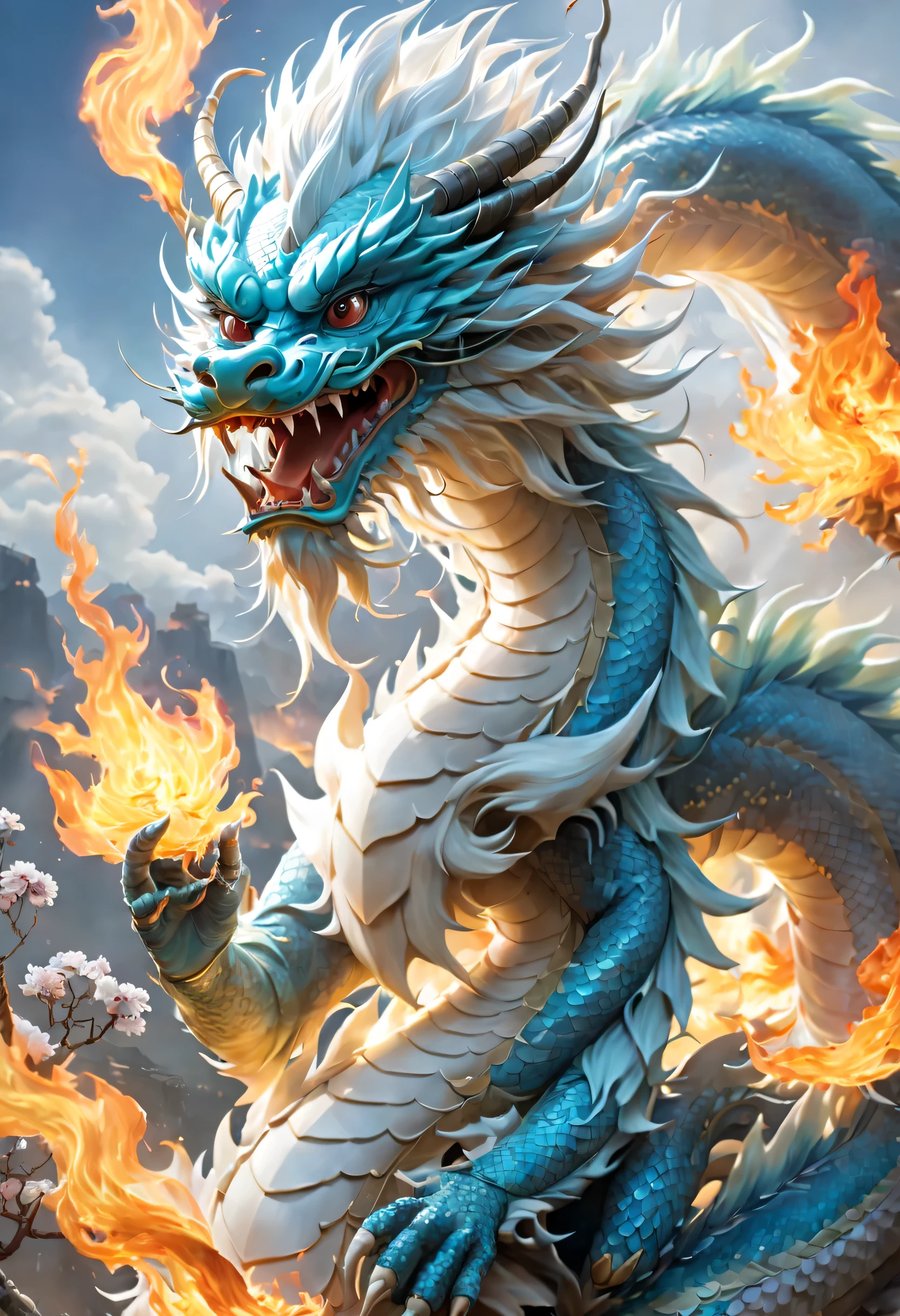 (The main subject: Wide-angle lens), 火焰是浅蓝色of,[五彩of,(Chinese dragon anthropomorphism)翠绿色of鳞片], 锋利of爪子,of,戏剧性of云,(Go deep into the fields), 丰富of细节​, (广阔of天空), (sense of vastness),Energy and vitality, 复杂of细节.(最好of品质, high resolution, masterpiece:1.2), (实际of:1.37), high dynamic range。