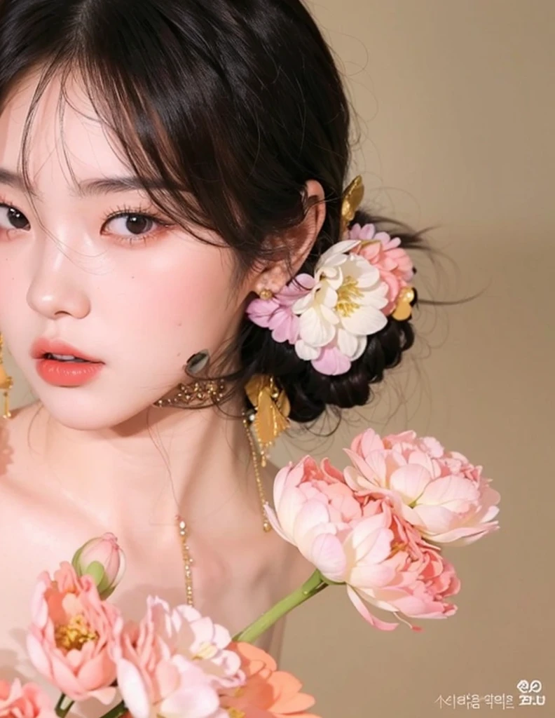 There is a girl with a flower in her hair, ulzzang, con flores, maquillaje popular de corea del sur, Jinyoung Shin, sakimichan, maquillaje coreano popular, Flores en las mejillas del heredero, Jinyoung Shin art, her face looks like an orchid, hermoso rostro estetico, heonhwa choe, inspirado en Yanjun Cheng, ethereal beauty, seson yoon