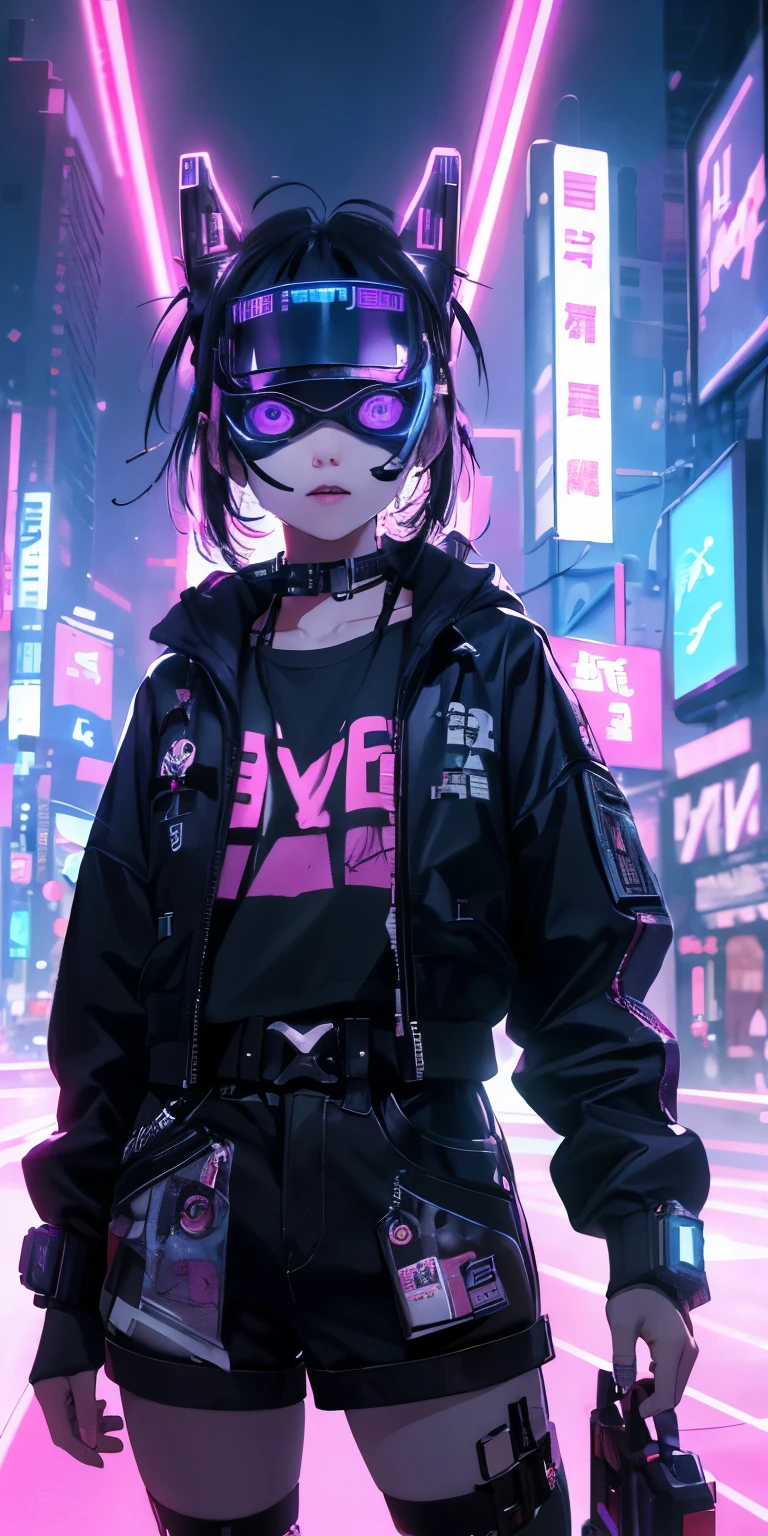highest quality))、((masterpiece)、cyberpunk、Electronic visor attached to the face of a 、cyberpunk fashion、sexy pose、My chest got a little bigger、Neon lights in the city at night