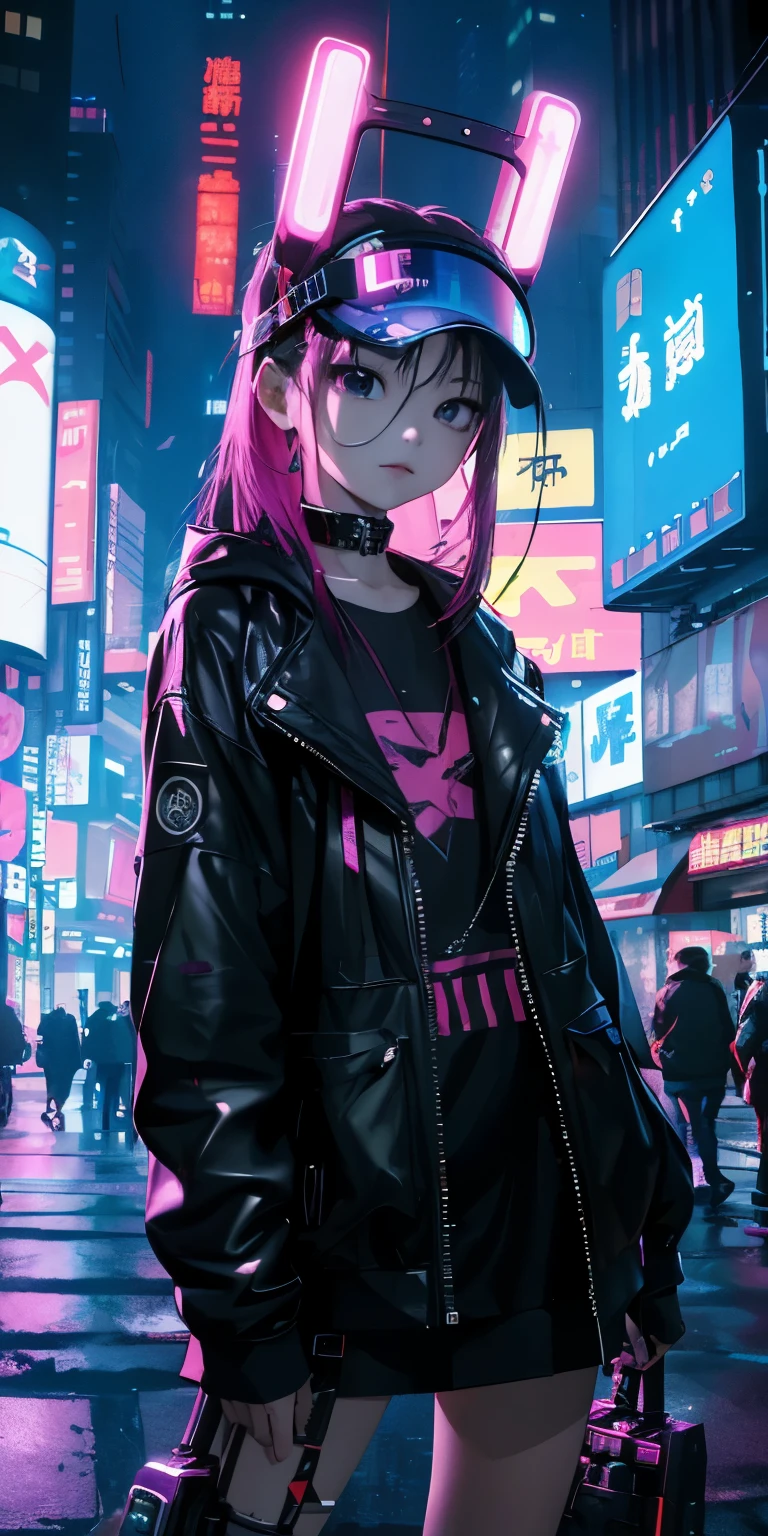 highest quality))、((masterpiece)、cyberpunk、Electronic visor attached to the face of a 12-year-old girl、cyberpunk fashion、sexy pose、My chest got a little bigger、Neon lights in the city at night