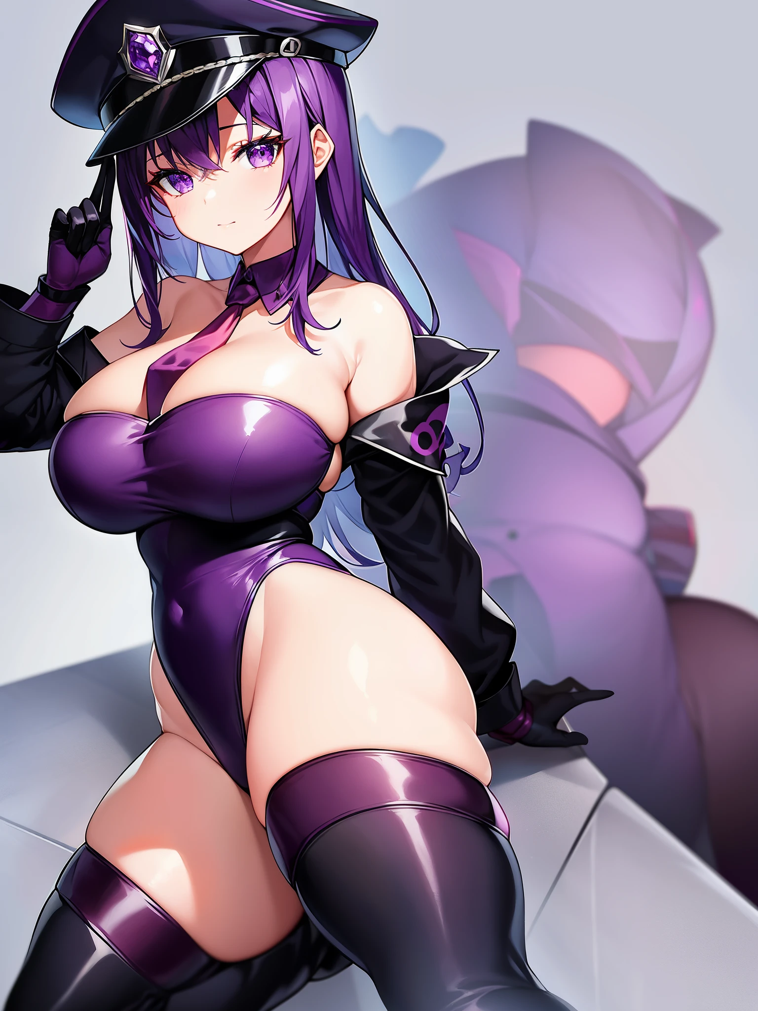 Purple shorthair、Plump young々nice face、Black Police Cap、red tie、Purple tight low-cut dress、Purple long gloves、black leather boots、Strapless thighs、big breasts、blue eyes、confident look、anime style、Stone Prison。