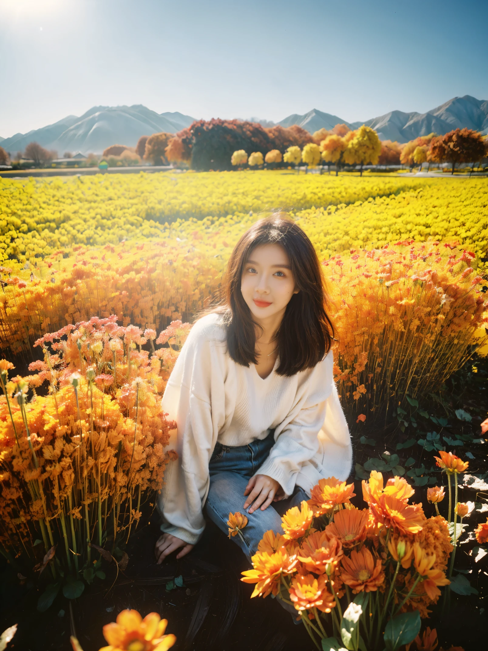 Beautiful girl sitting in autumn flower field, Infrared photography, graphic design, poster, art, Bright colors,dream,sweet smile