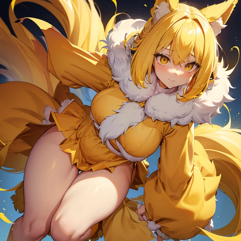 yellow hair,furry ears,girl,((Fluffy around the neck:1.5)),Yellow hairs,change,young,sexy,small breasts,slender,Plump,plump,cool,(Yellow clothes:1.5),thunder,(Seductive thighs:1.5),current is flowing,(yellow skirt),(small breasts:1.0),Exposed thighs