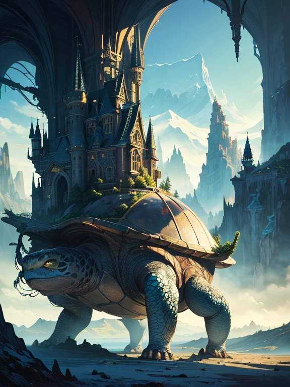 (best quality,highres:1.2),ultra-detailed,fantasy art,large turtle,immense mountain,rich textures,beautifully detailed fantasy landscape,vibrant colors,dramatic lighting,enchanted atmosphere,impressive scale,exquisite attention to detail,fantastical elements,extravagant fantasy world,majestic mountain range,amazing intricacy,mesmerizing fantasy scenery,surreal fantasy creation,awe-inspiring turtle,awe-inducing masterpiece,striking visual impact,grandiose turtle with intricate shell,giant turtle carrying a magnificent mountain,imaginative surrealism,dreamlike artwork,unbelievable artistic vision,whimsical and fantastical,illusionary artistry,fantasy realm come to life,magical and enchanting,otherworldly beauty,unimaginable artistry,detailed depiction of nature and wildlife,awe-inspiring fantasy world,impressive character design,longue eyelashes.