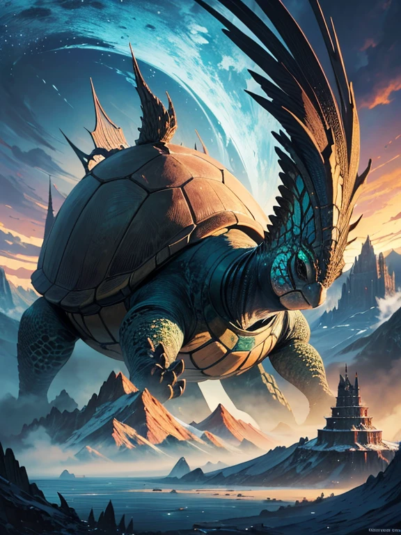 (best quality,highres:1.2),ultra-detailed,fantasy art,large turtle,immense mountain,rich textures,beautifully detailed fantasy landscape,vibrant colors,dramatic lighting,enchanted atmosphere,impressive scale,exquisite attention to detail,fantastical elements,extravagant fantasy world,majestic mountain range,amazing intricacy,mesmerizing fantasy scenery,surreal fantasy creation,awe-inspiring turtle,awe-inducing masterpiece,striking visual impact,grandiose turtle with intricate shell,giant turtle carrying a magnificent mountain,imaginative surrealism,dreamlike artwork,unbelievable artistic vision,whimsical and fantastical,illusionary artistry,fantasy realm come to life,magical and enchanting,otherworldly beauty,unimaginable artistry,detailed depiction of nature and wildlife,awe-inspiring fantasy world,impressive character design,longue eyelashes.