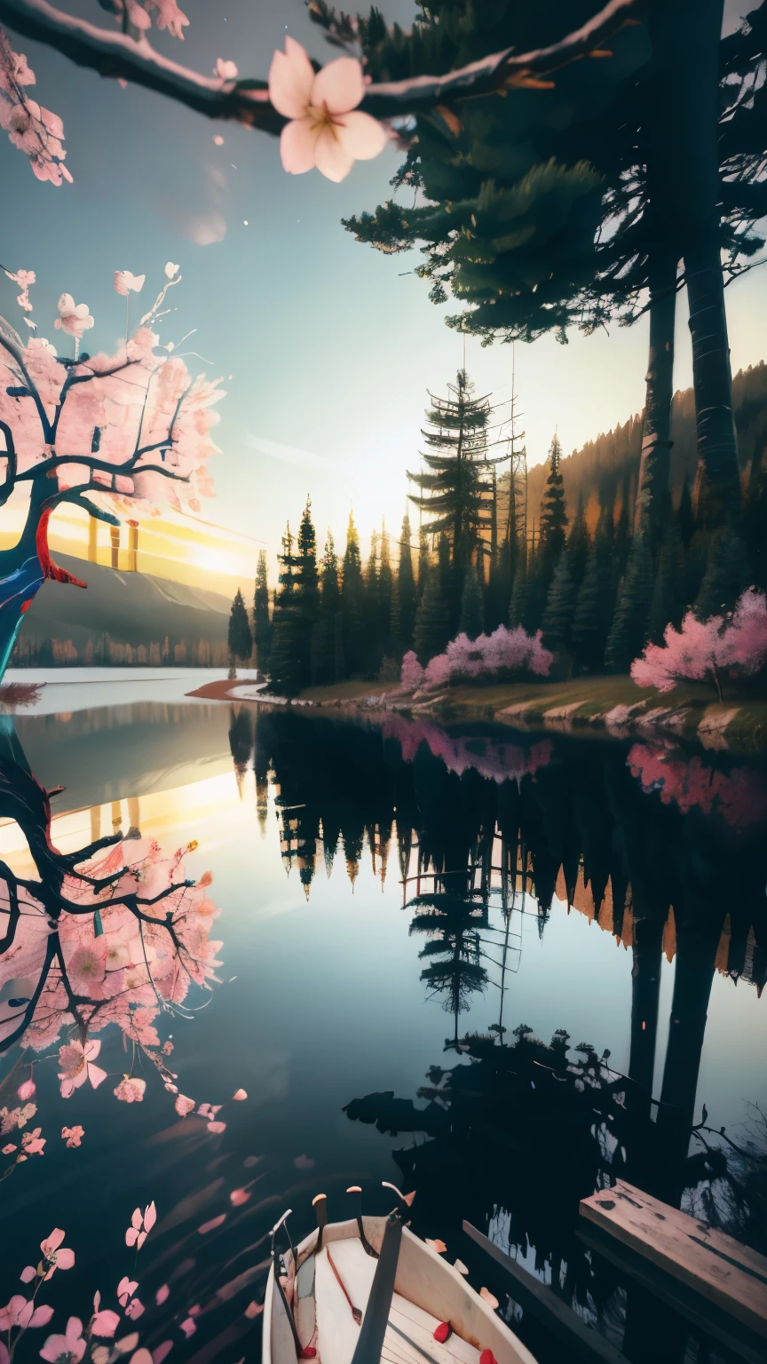 1 picture!!!, 1 scenery!!!, ((Best quality, 8K, Masterpiece: 1.4)),((Amazing detail: 1.3)),((illustration: 1.2)),((Extreme lighting effects: 1.2)),((high resolution: 1.1)),photographed,Reasonable composition,Amazing landscape,Delicate clouds,Bright sunshine,Soft light,The cherry blossom tree located at the bottom of the screen,floating sakura,beautiful color,Best shadow,Dreamy,Mountain background,grassy fields, dawn and night sky, (((((colourfull trees)))))