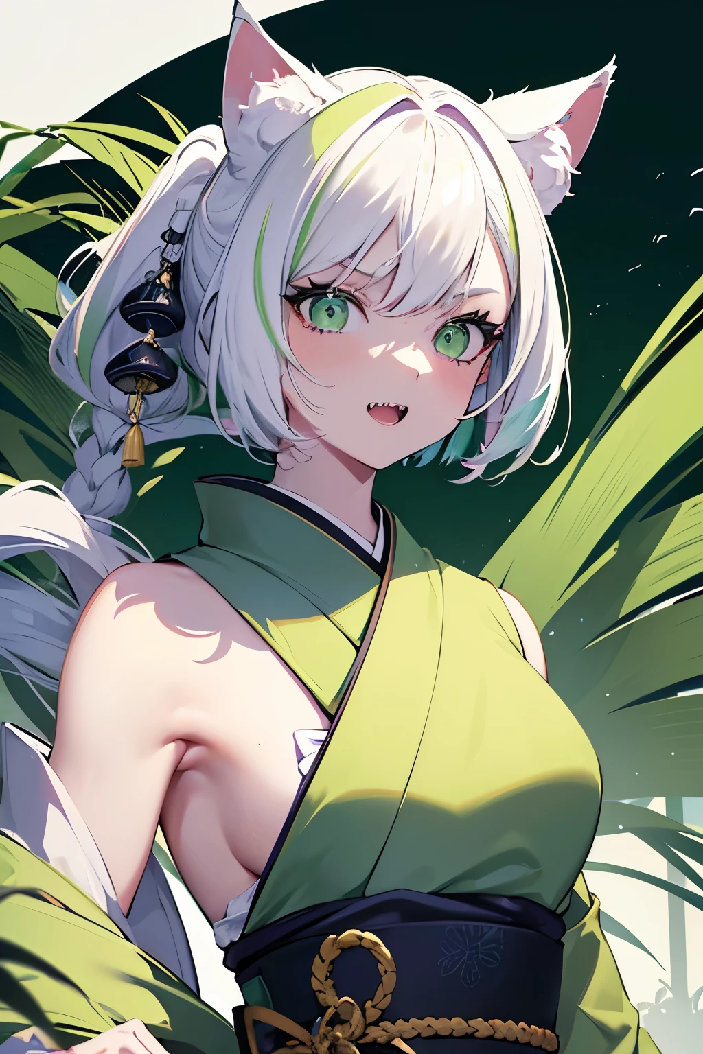 master masterpiece, 4k, highly detailed, extremely detailed face, full body, muscular, cat ears, (half color hair) white hair, hair lock, ((white and green theme)), bob cut, green eyes, bright neon green eyes, sharp teeth, crazy smile, open mouth, kimono, war fan, japanese fan, ((pastel colours theme)).