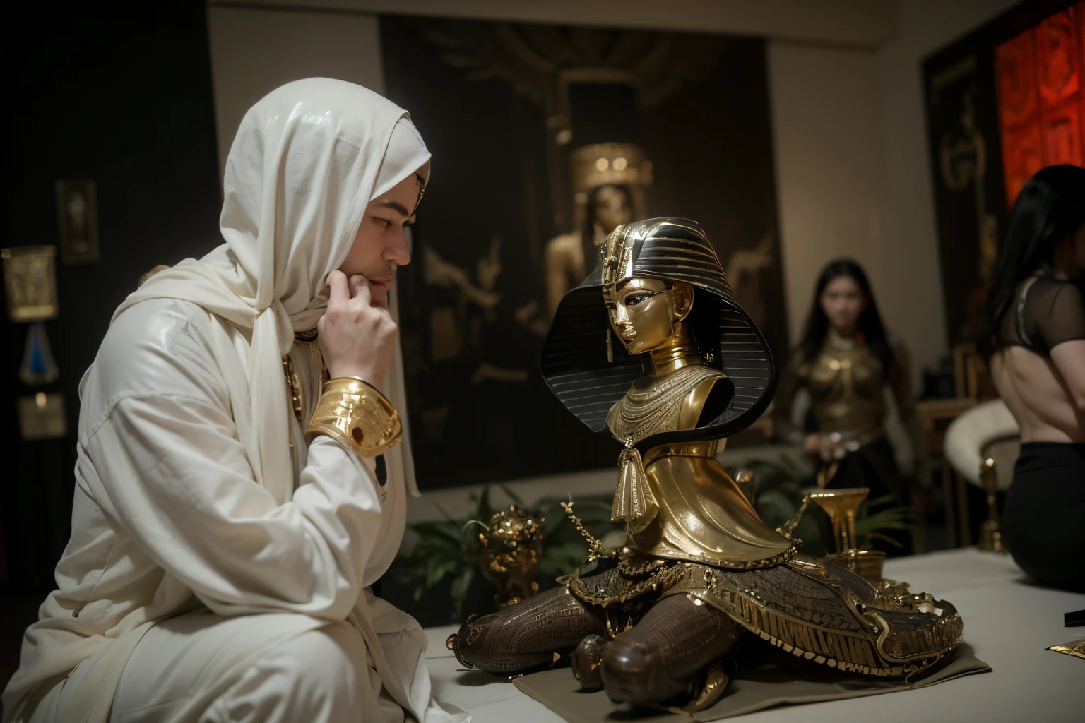 (Best quality, 8k, 32k, Masterpiece, UHD:1.2) "Transform the image into a luxurious Egyptian Museum, where opulence meets ancient mystique. Fill the scene with an exquisite collection of Egyptian artifacts and paintings, each possessing supernatural roots and influenced by Egyptian Mythos. Enhance the grandeur of the museum with intricate gold accents, ornate pillars, and regal tapestries. Illuminate the artifacts with a soft, golden light, casting a warm glow that highlights the richness of the surroundings. Infuse an air of prestige and mystery, capturing the essence of an exclusive museum that preserves the magic and history of ancient Egypt in a lavish setting." staring at an Egyptian statue.