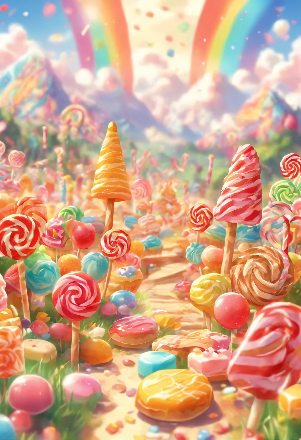 Create a joyful and vibrant digital art illustration background of a candy land that includes playful elements like waffles, pancakes, cake pieces, small muffins, cream with cherries on top, candy, sugar candy, sour candy , mountain made of candy, sense of wonder and happiness. elements should be on the side, center view of candy field with grass and candy in the distance and rainbow, biscuits, a land filled with love positivity ad candy, painterly, oversaturated, vibrant candy in the front view, sugar candy stripe rainbow in distance, lollipops, cream fields, simplify with very little elements not too much, This artwork will be perfect for a background of an anime that spreads joy and positivity