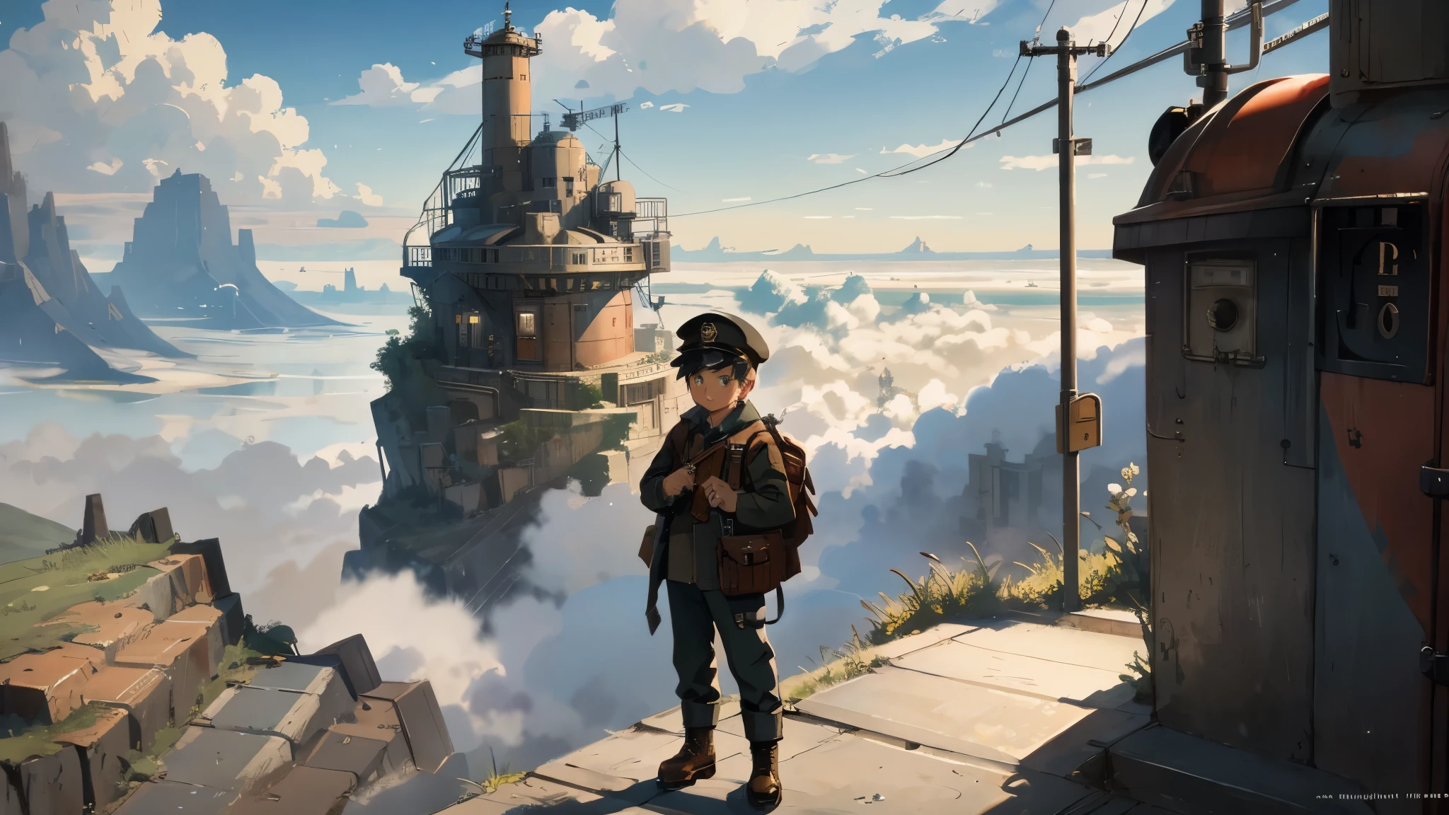 dieselpunk style，Retro industrial style street，A mailbox，sketch，Quick paint，A postman is delivering mail，Postman on the cloud，A ********** stands waiting for mail，port，Outside the railing is the scenery of sea of clouds，（town above the clouds），Conceptual scenes