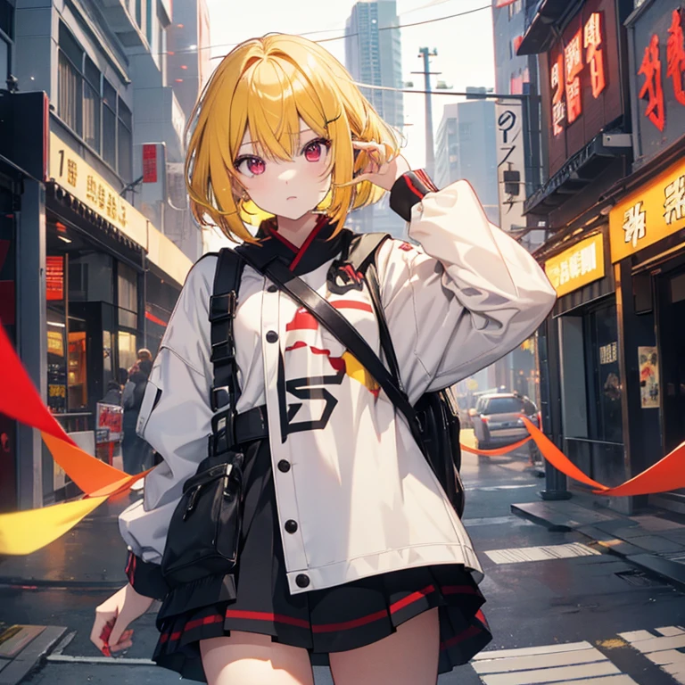 yellow hair、red eyes、shortcut、girl