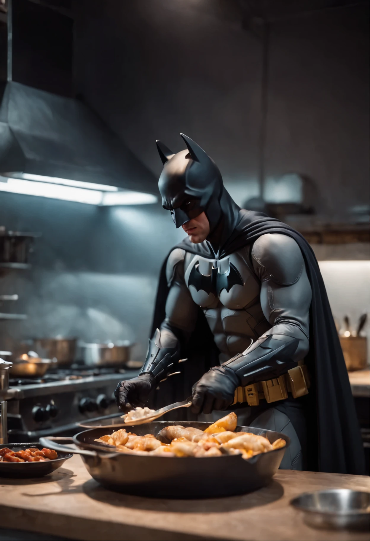 Batman cooking food, food looks delicious, food on fire, neon lights , 8k, high detail, 