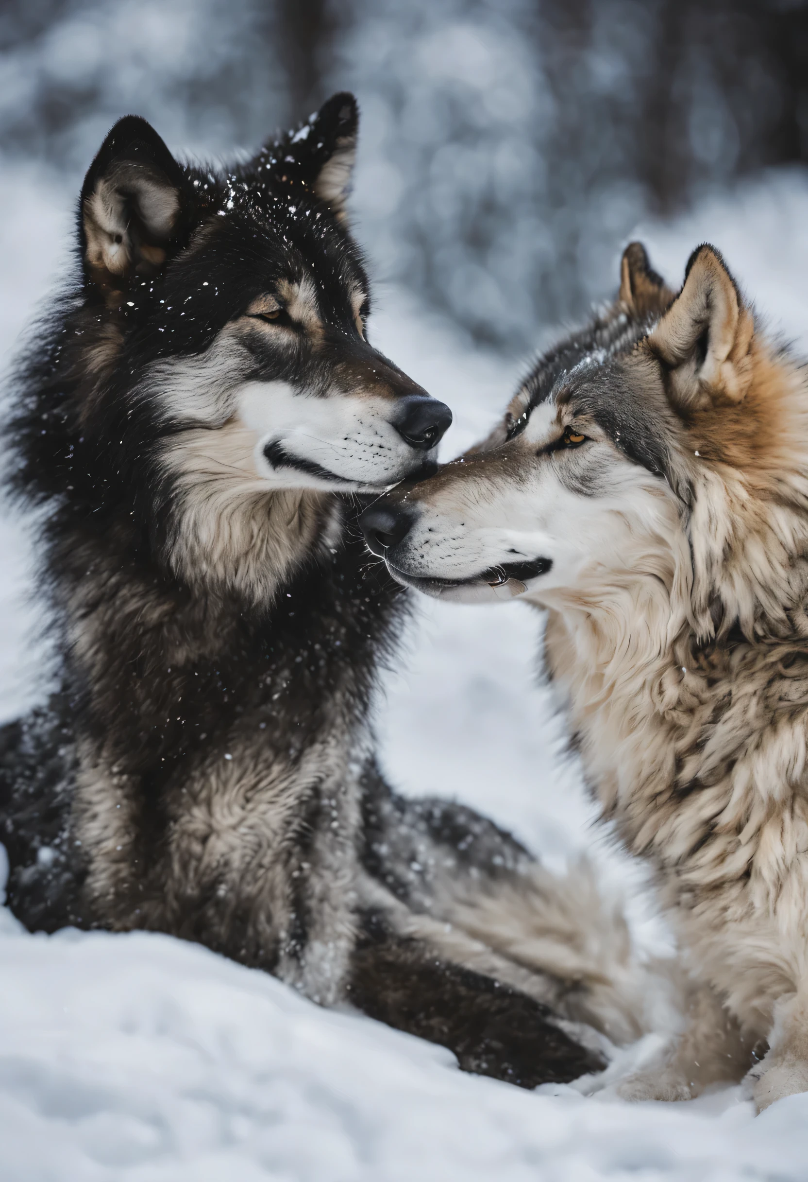 A black and white wolf are laying in the snow, nose to nose.