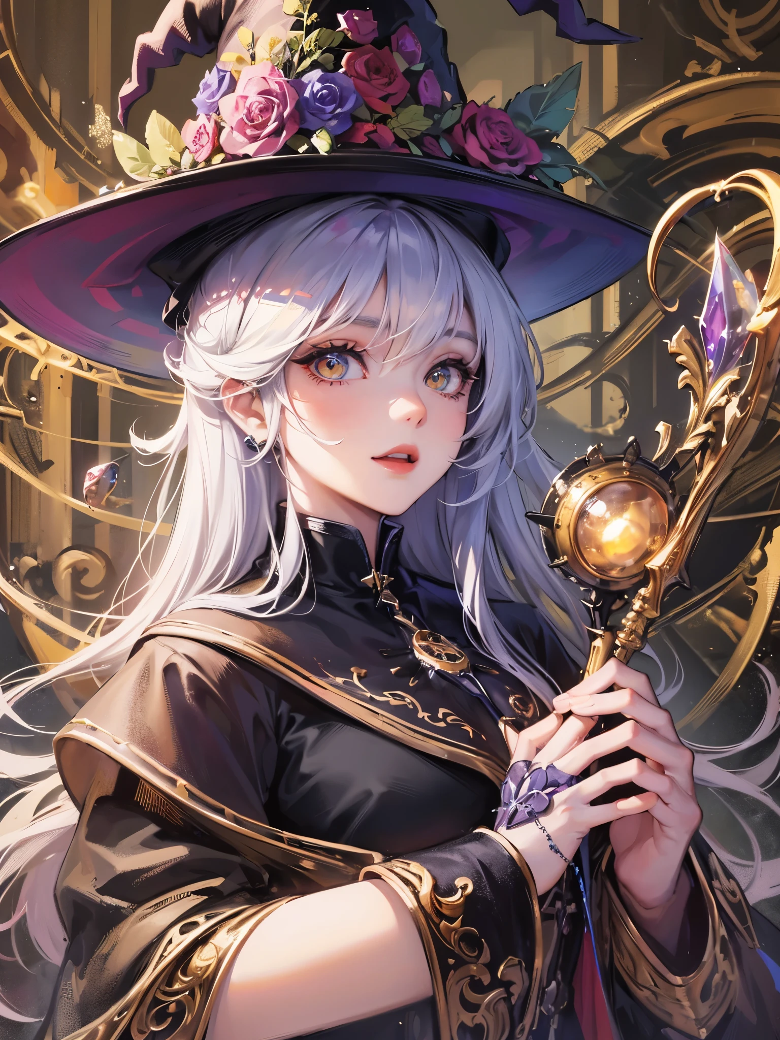 ((highest quality)),(ultra high resolution),(Super detailed),(detailed description),((best CG)),(best work of art),super precision art,great drawing art,(Fantasy art with precise details:1.5), (One Witch:1.6),beautiful and well-shaped face:1.6,make:1.4,long hair flying up:1.3,tattoo:1.5, Torrent of Light:1.6,
