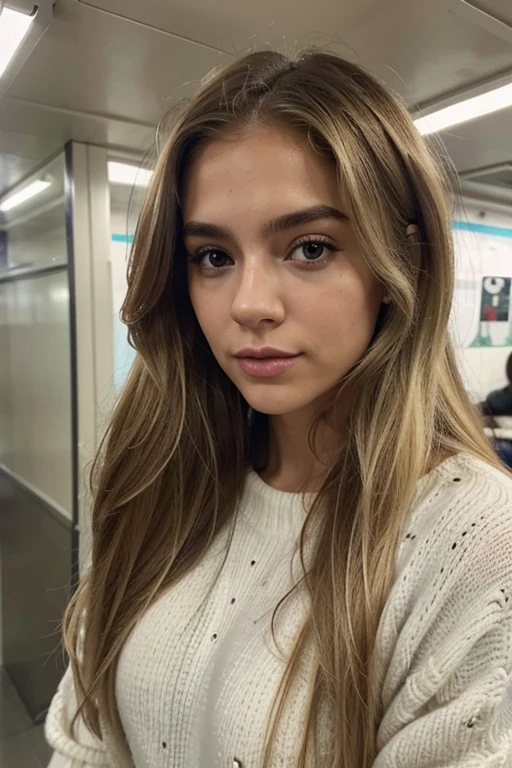 A 23-year-old blonde woman, ((pechos grandes)), ((hiperrealismo)) ,. blonde hair with light brown roots. cabello rubio, Hair with brown roots, cabello extra largo, cabello muy largo, Cabello muy largo, hermoso, perfil, Foto tomada con iPhone 15 pro, en interior del metro, alta calidad, ojos verdes, labios carnosos, profundidad de campo, ropa de invierno, frio
