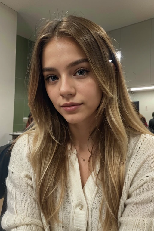 A 23-year-old blonde woman, ((pechos grandes)), ((hiperrealismo)) ,. blonde hair with light brown roots. cabello rubio, Hair with brown roots, cabello extra largo, cabello muy largo, Cabello muy largo, hermoso, perfil, Foto tomada con iPhone 15 pro, en interior del metro, alta calidad, ojos verdes, labios carnosos, profundidad de campo, ropa de invierno, frio