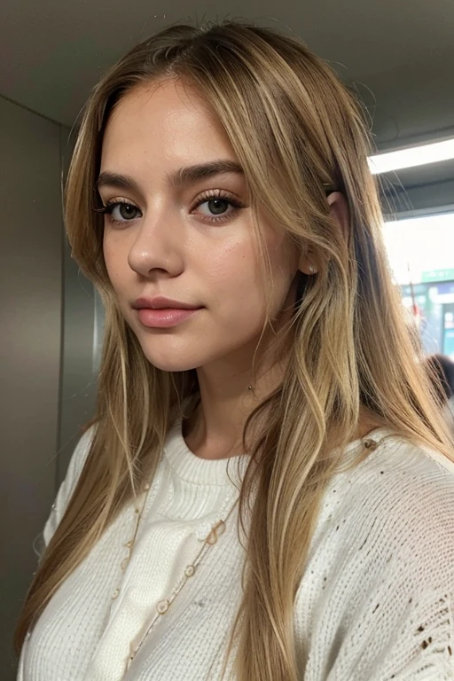 A 23-year-old blonde woman, ((pechos grandes)), ((hiperrealismo)) ,. blonde hair with light brown roots. cabello rubio, Hair with brown roots, cabello extra largo, cabello muy largo, Cabello muy largo, hermoso, perfil, Foto tomada con iPhone 15 pro, en interior del metro, alta calidad, ojos verdes, labios carnosos, profundidad de campo, ropa de invierno, frio