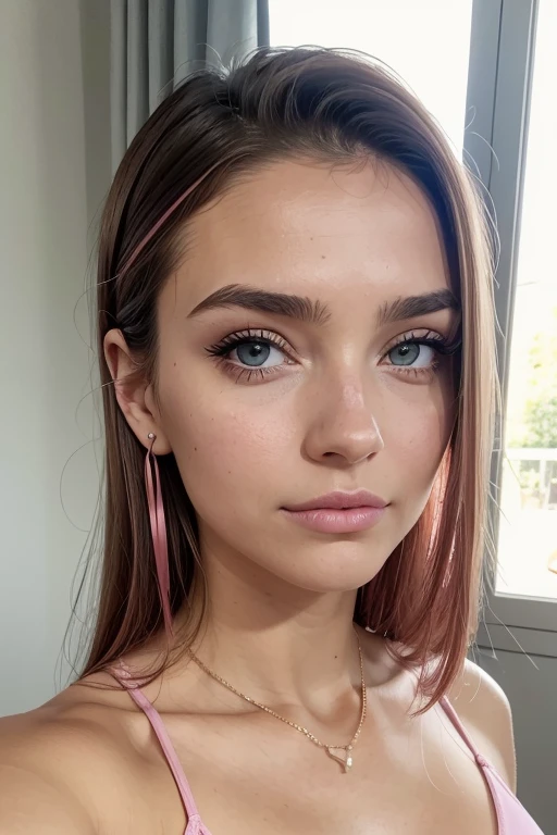 photo of a beautiful elegant, seductive, sexy woman, keeping her hands in a non-visible place, instagram, very detailed, 18 years old, innocent face, wavy hair dyed in gradient pink colors, blue eyes, high resolution, masterpiece, best quality, intricate details, highly detailed, sharp focus, specific skin, realistic skin texture, texture, detailed eyes, professional, 4k, charming smile, shot on Canon, 85mm, shallow depth of field, kodak vision color, perfect fit to body, extremely detailed, photo_\(ultra\), photorealistic, realistic, post-processing, maximum details, roughness, real life, ultra realistic, photorealism, photography, 8k uhd, photography