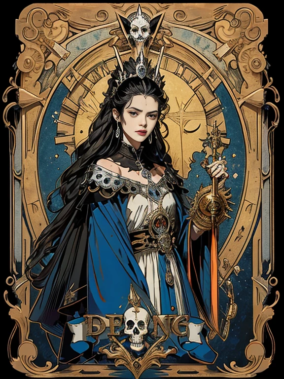 marco dorado，cartas de tarot, hyper high definition, 16k, Mejor calidad, super detail, anatomically correct, obra maestra, detalles altos, A high resolution，Solo，A photo of a skeleton with a red heart in his hand., vestido azul, Rey Esqueleto, Of hegemony, lorde!!!, Hermoso dios masculino de la muerte, rey del tiempo segador, lord of death,, Skelleton, thanatos, , Ish, Rey esqueleto no-muerto, super death, Ish no-muerto, shinigamis，sonrisa