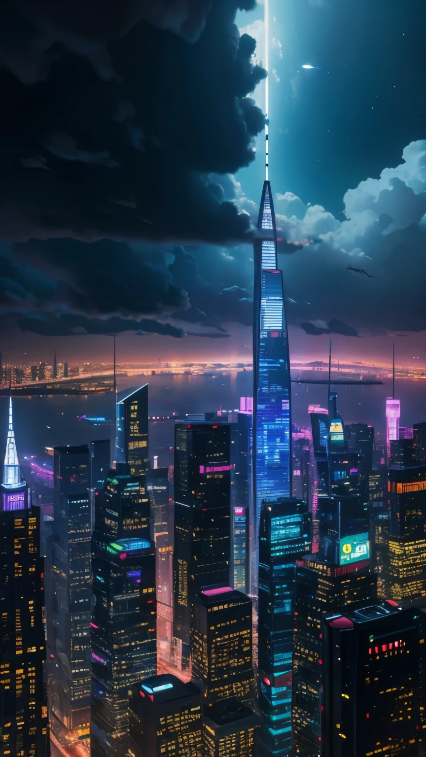 Super high quality、highest quality、city of the future、cyberpunk、vibrant light、skyscraper、in the clouds、view of the universe、SF World、