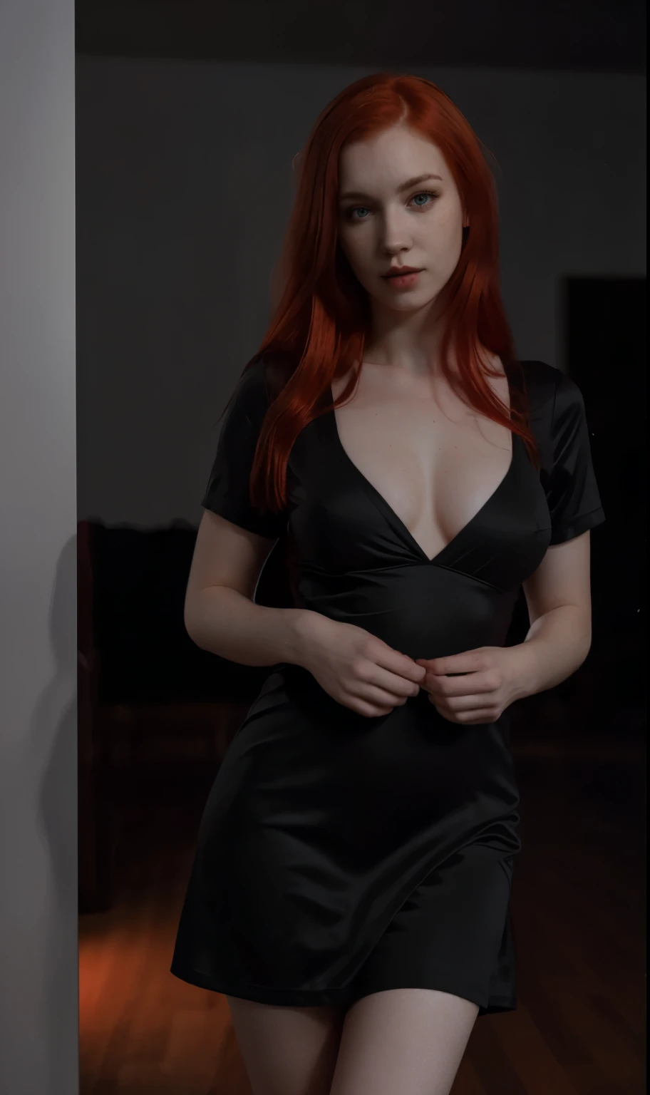 1 Girl, 24 years old, (bright red hair: 1.3), shoulder-length hair, photo, blue eyes, freckles, (photorealism: 1.4), realistic anatomy, medium breasts, full length, in a dark room, (monastic robe: 1.1) (black and white clothes:1.2), sitting on a bench, legs spread wide, (posing with pussy1.4), NSFW, close-up pussy, bottom view