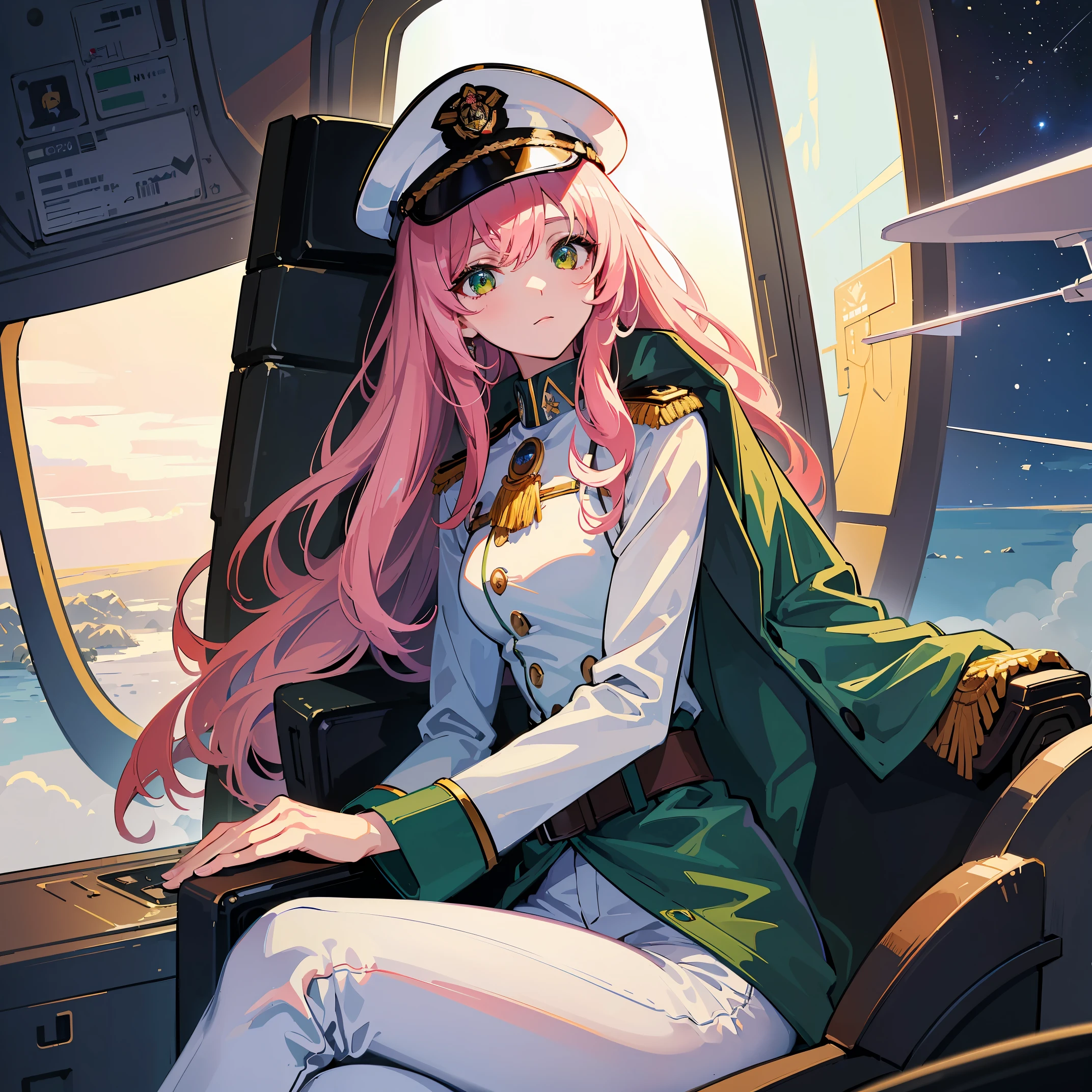 ((Masterpiece)), ((Highest Quality)), ((Best Quality)), (Illustration of One Girl), Full Body, 25 Years Old, Long Pink Hair, (Thin Hair on Both Sides of the Face), Green Eyes, (Tall)), ((Muscular Strong Body)), (Manspreading)), Open Legs, (((Military Uniform)), (Military Hat)), ((Military Coat)), (White Clothes), (White Pants), (White Hat), Trench Coat, ((Inside the spaceship, sitting in the captain's seat)), (outside the window, space, Earth seen from space, spaceport)