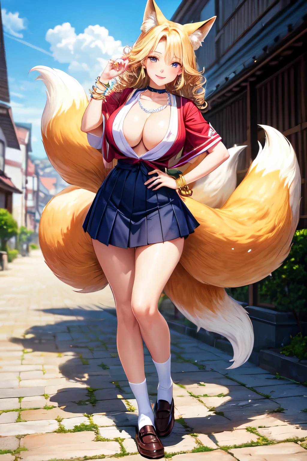 ((best quality)), ((masterpiece)), (detailed), perfect face,castle background,ring,earrings,pearl necklace,fox girl,8k quality,sharpen,sexy,full body,perfect eyes,big boobs,bracelet,smile,choker,long curly blonde hair,japanese school uniform